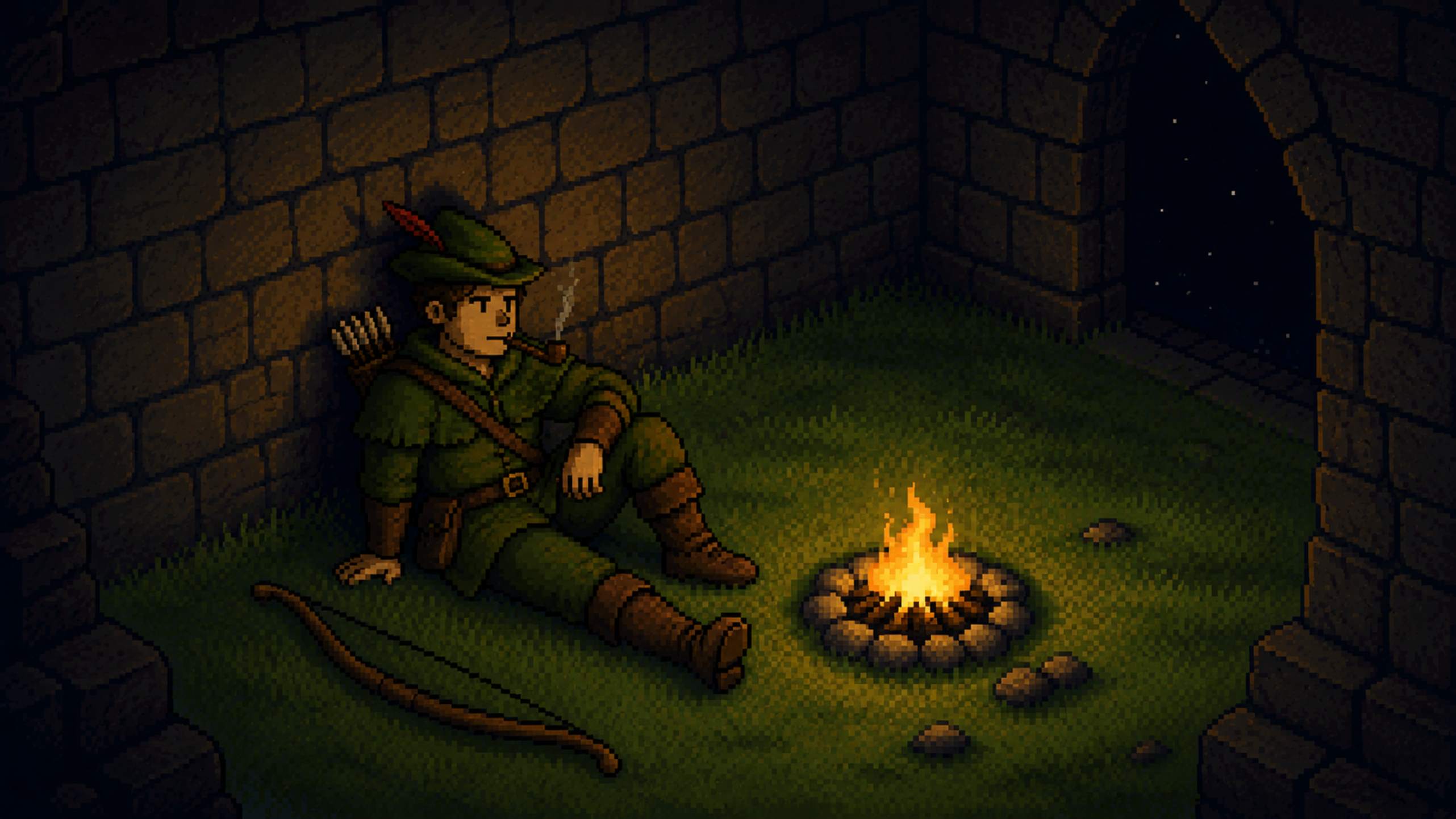 A cloaked archer resting by a campfire in a dark stone keep.